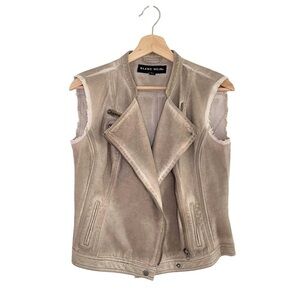 Blanc Noir Distressed Khaki Canvas Moto Vest Sleeveless Jacket Small